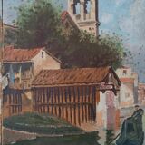 Tableau huile sur toile, vue ancienne de la ville, fin 19ème siècle