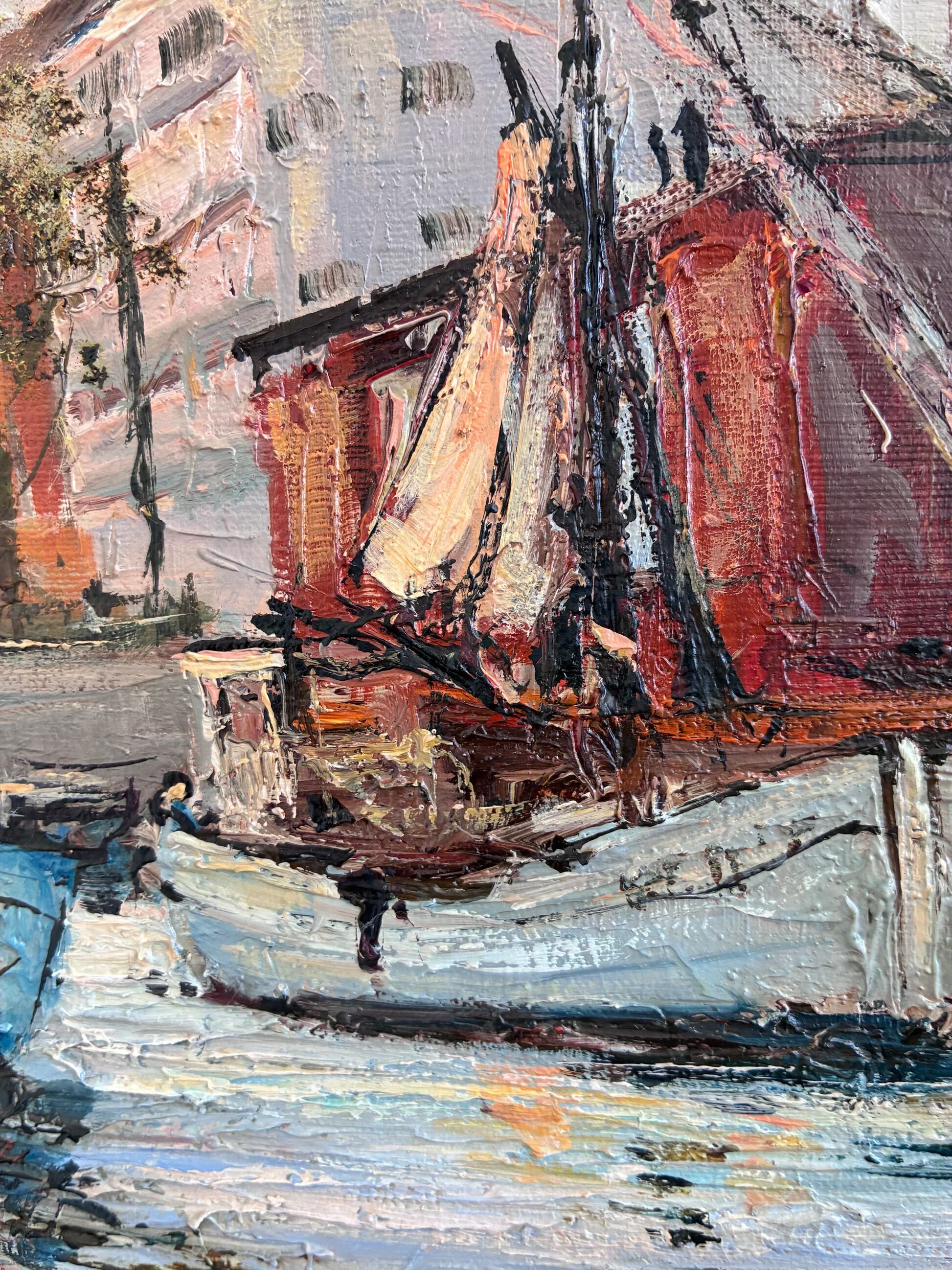 Vintage original oil painting of a canal cityscape, circa 1970s