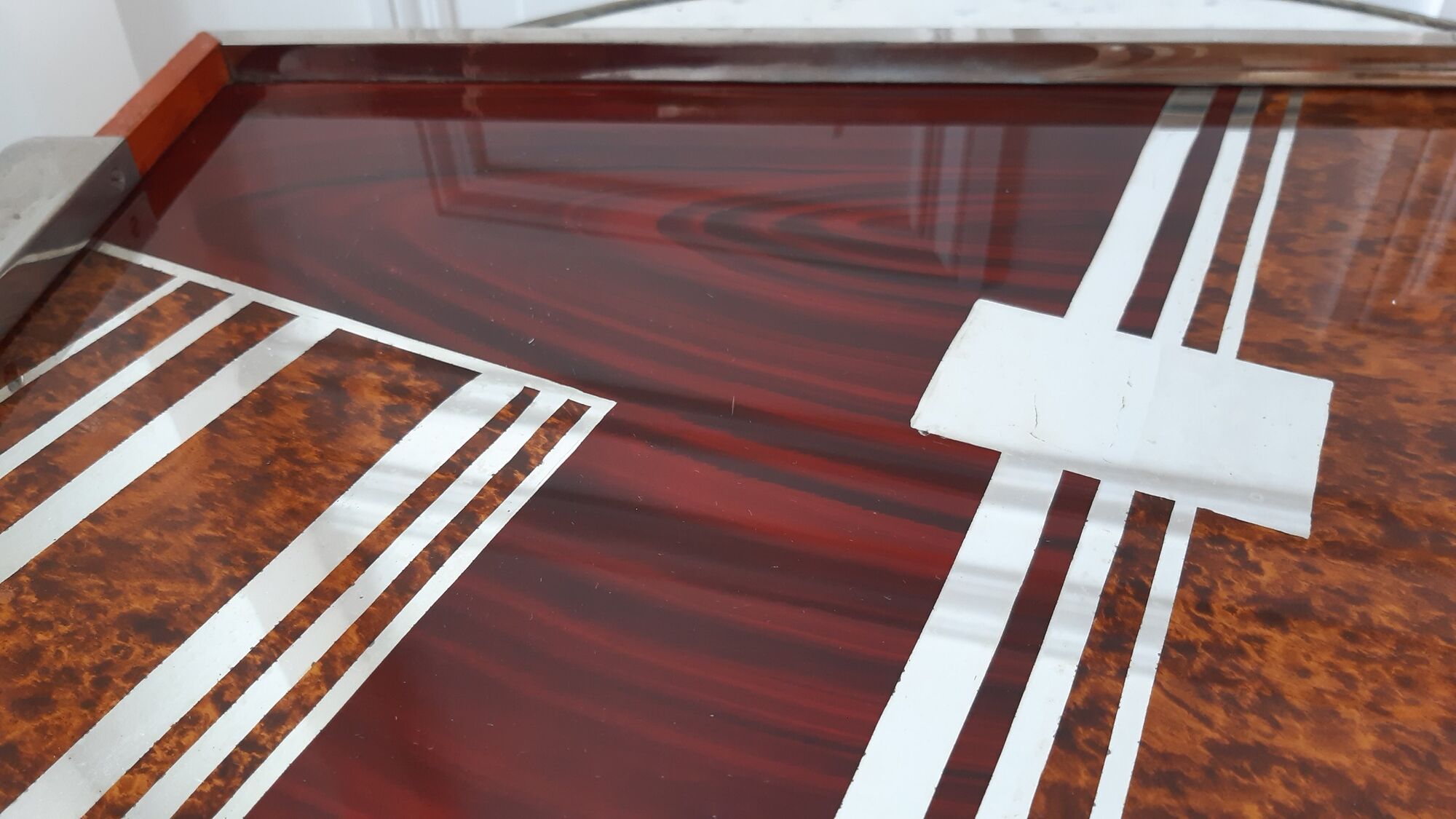 Art deco tray in wood, steel, chrome, glass and mirror 30s-40s