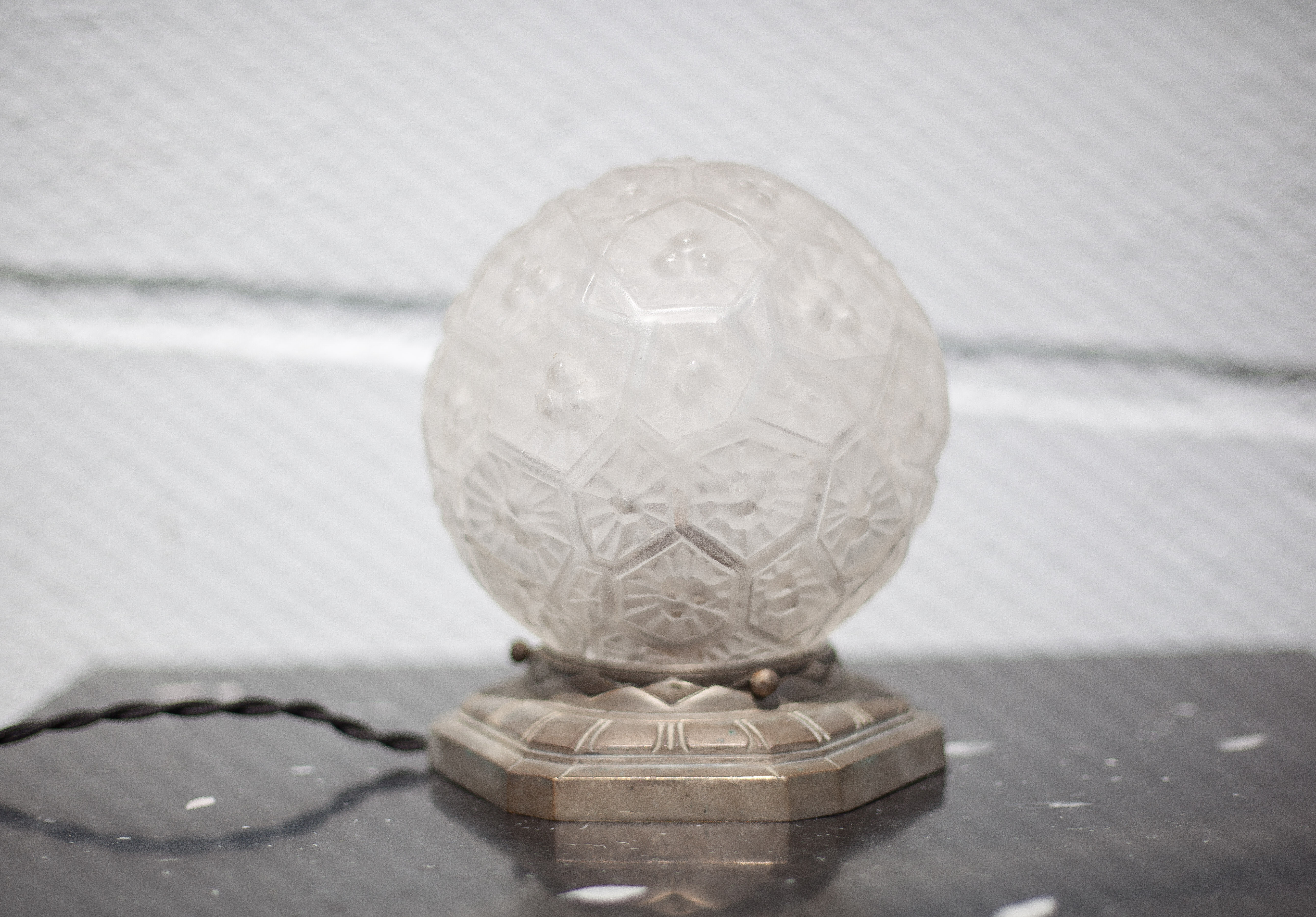 Charles Ranc art deco lamp, bedside lamp, nickel-plated bronze and glass globe