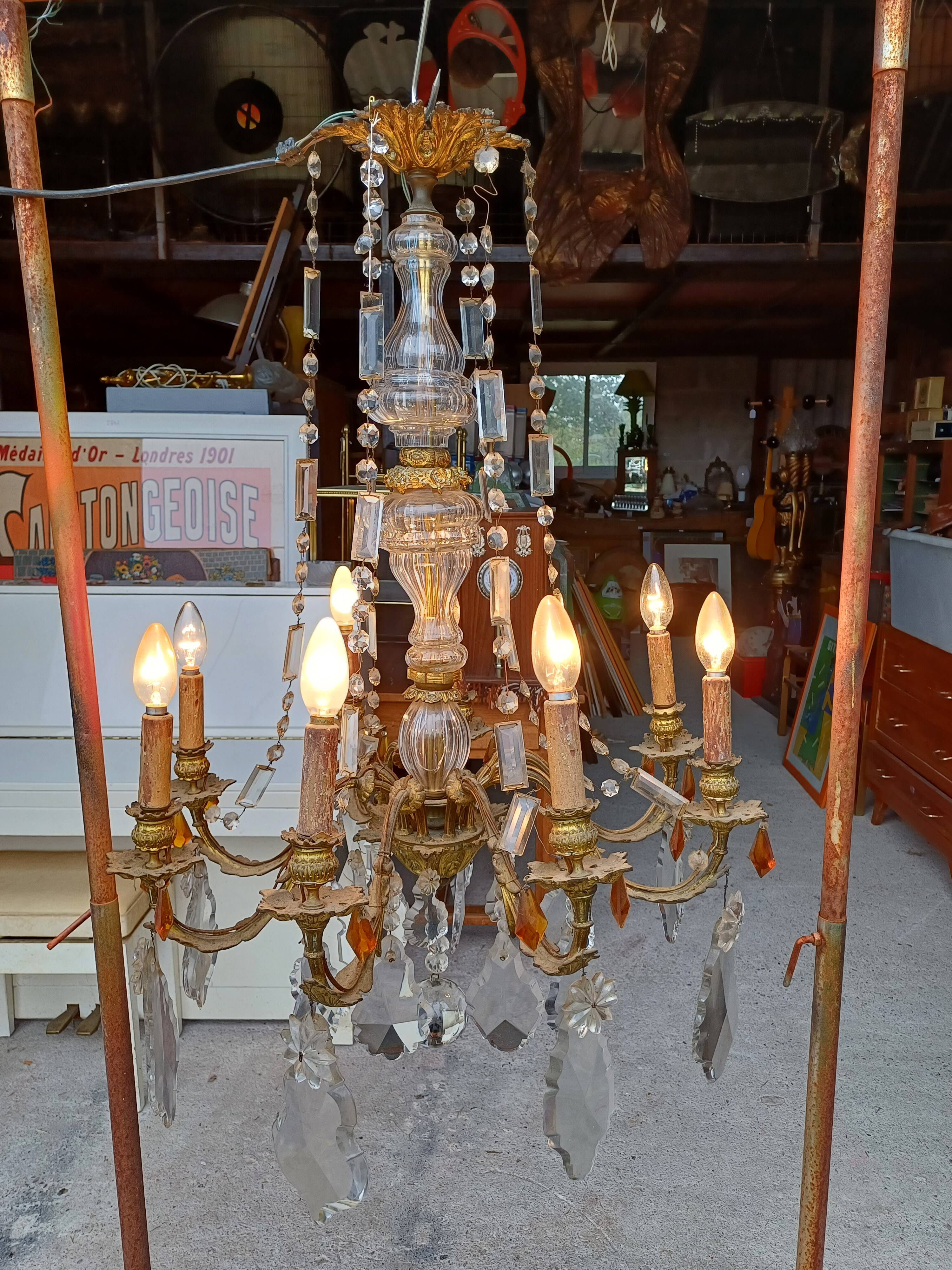 19th Bronze and Crystal Chandelier