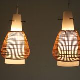 Chandelier opaline, rattan, teak and brass