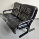 Scandinavian 2-seater sofa 1970s vintage in black leather and curved wood