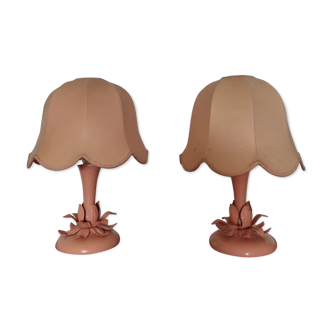 Pair of pink bedside lamps "blush/salmon" fabric lampshade, metal details.