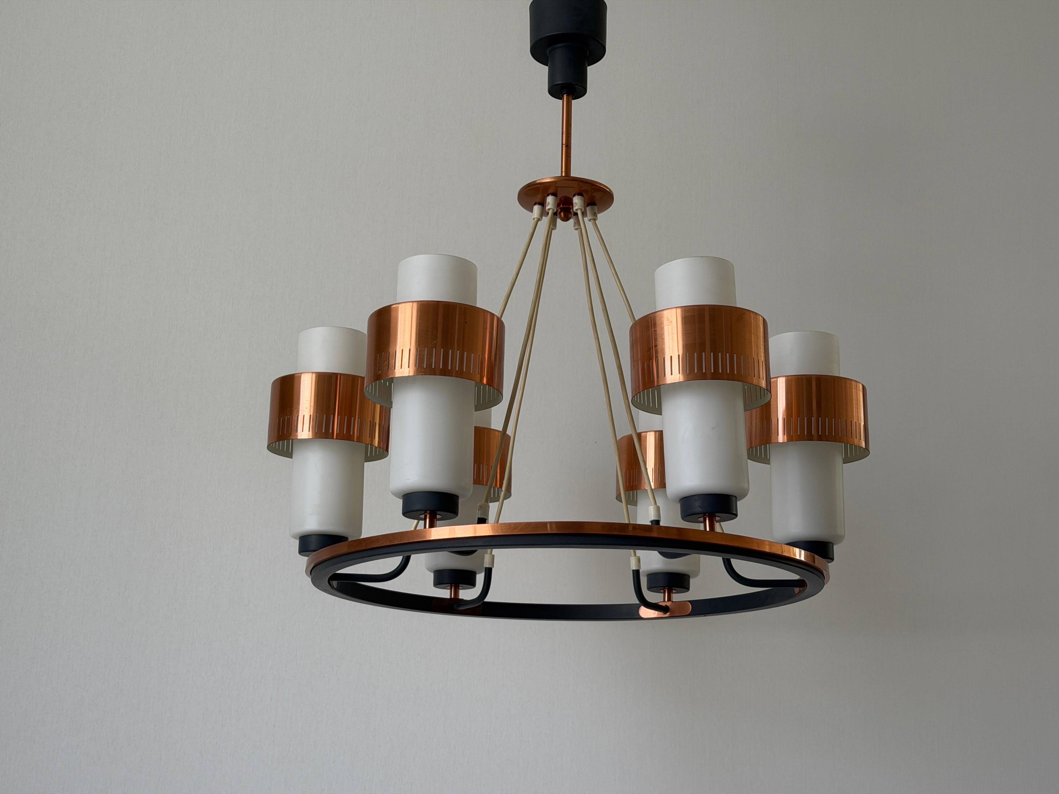 Large ceiling light with 6 arms in copper metal and glass, 1960s, Germany