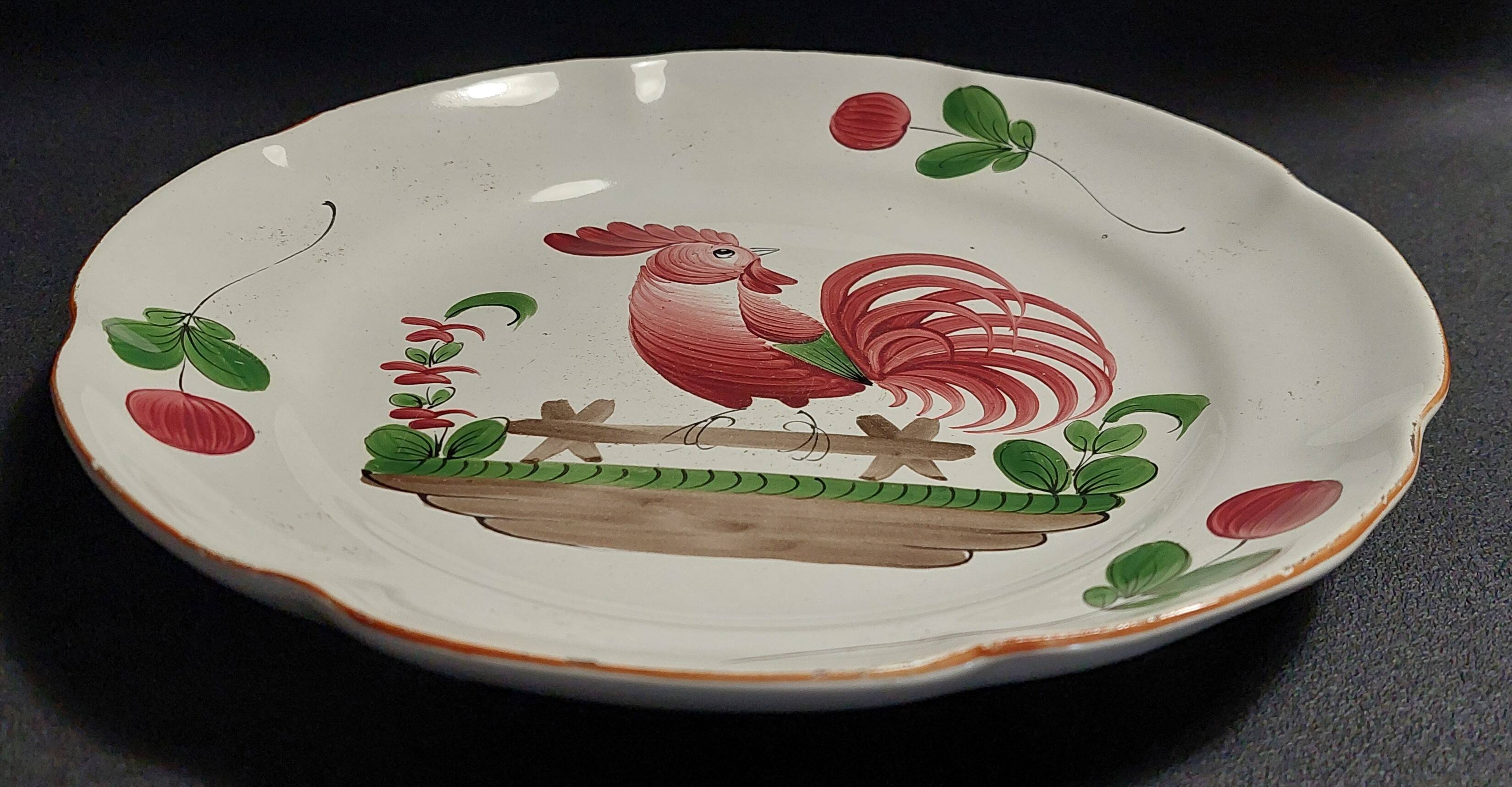 Earthenware plate with rooster and cherry decor, Hadancourt art earthenware factory, Milie