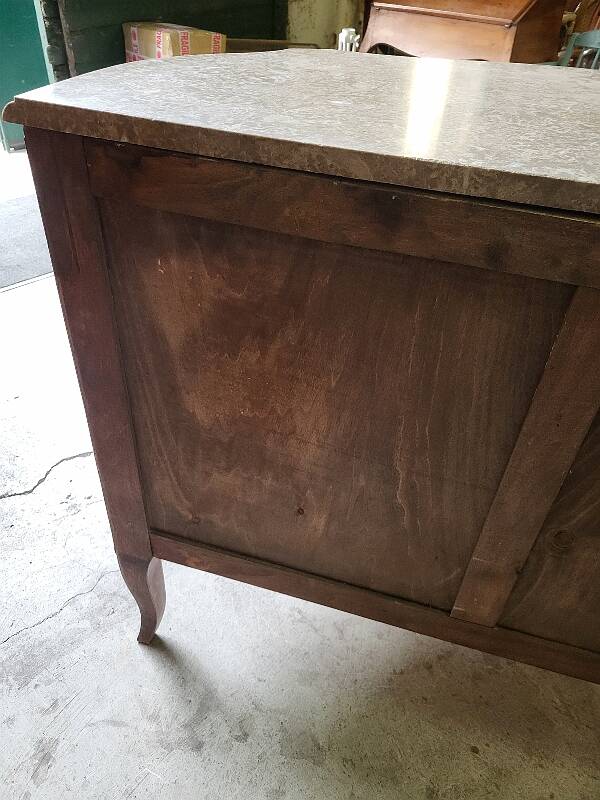 Curved chest of drawers in rosewood and marble marquetry