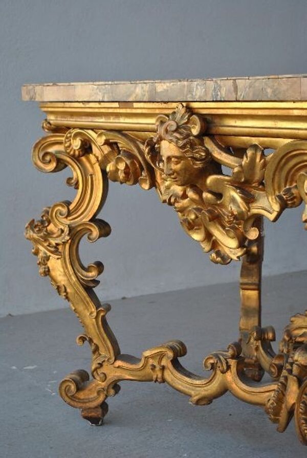 Console rocaille bois doré marbre romain XVIIème