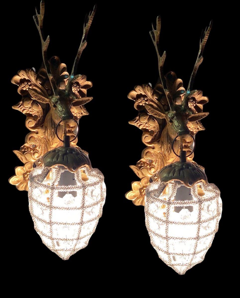 Crystal Beaded Stag Head Sconces, Set of 2