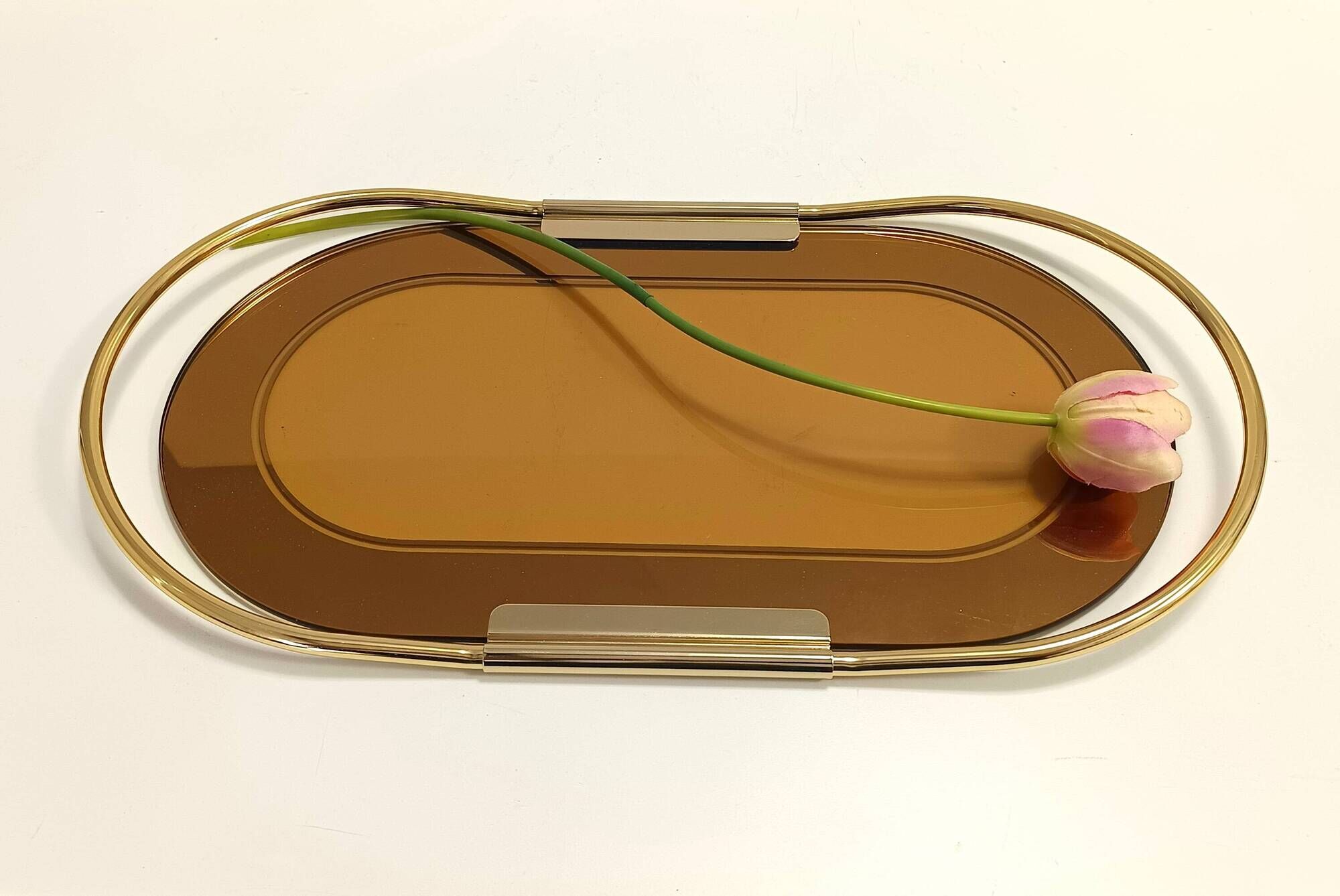Oval 24k Gold Plated and Bronzed Pink Mirrored Tray by Umberto Mascagni
