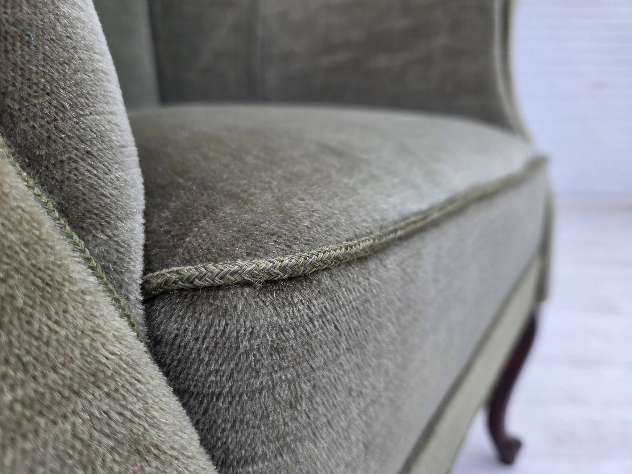 1960s, Danish armchair, green furniture velour, beech wood legs.