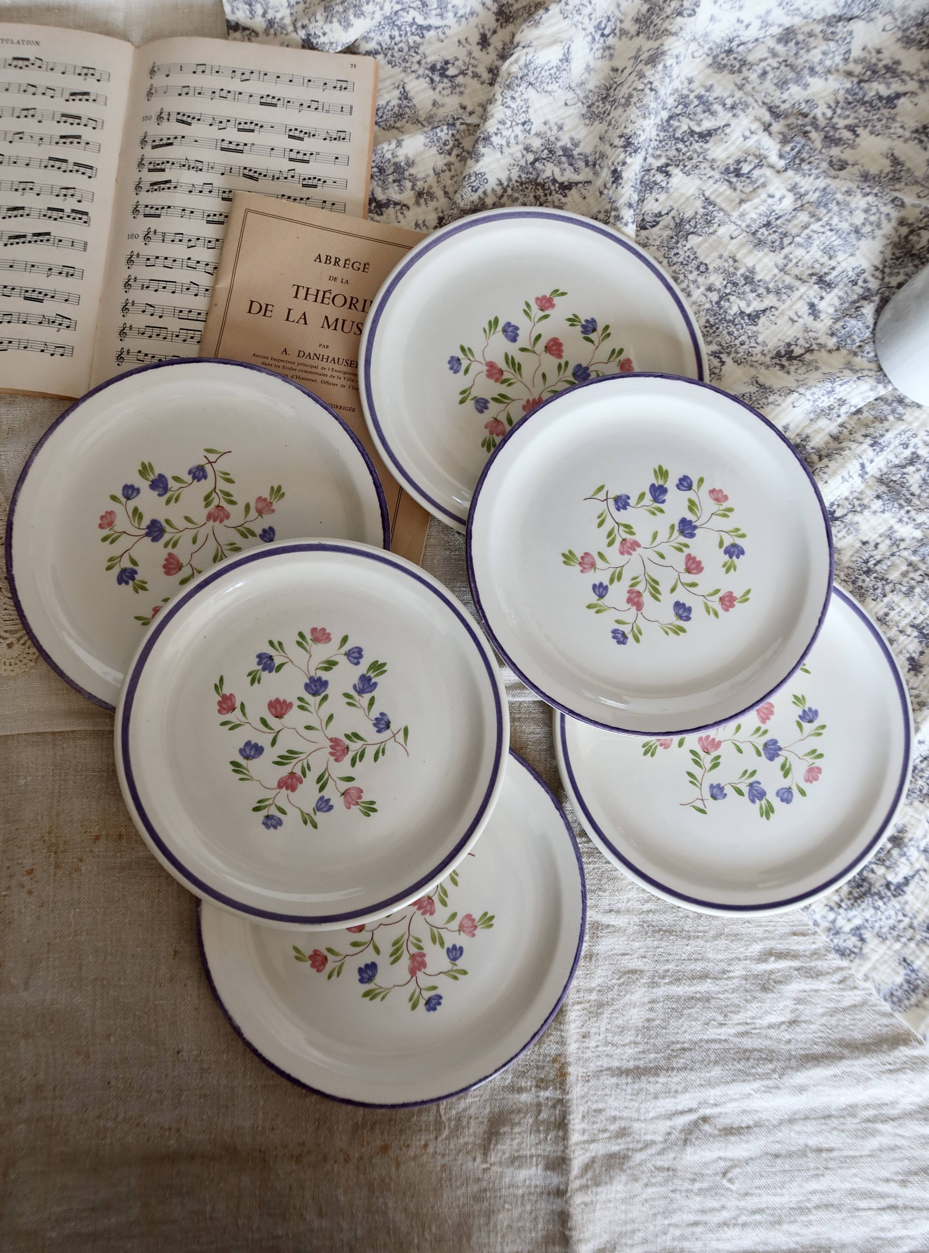 6 vintage porcelain dessert plates Moulin des Loups lilac floral pattern