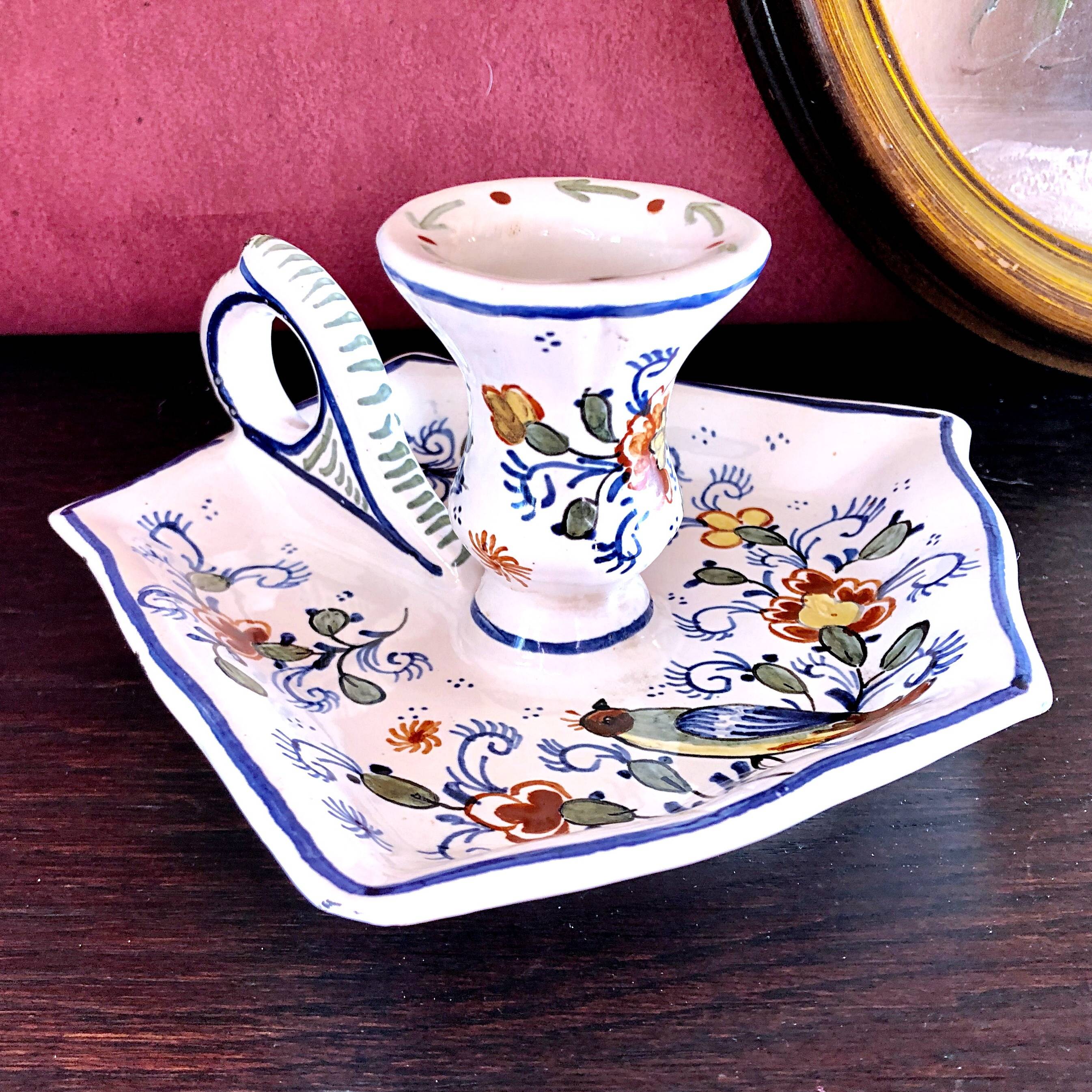 Handcrafted enameled ceramic candle holder signed vintage Rouen style decor