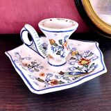 Handcrafted enameled ceramic candle holder signed vintage Rouen style decor