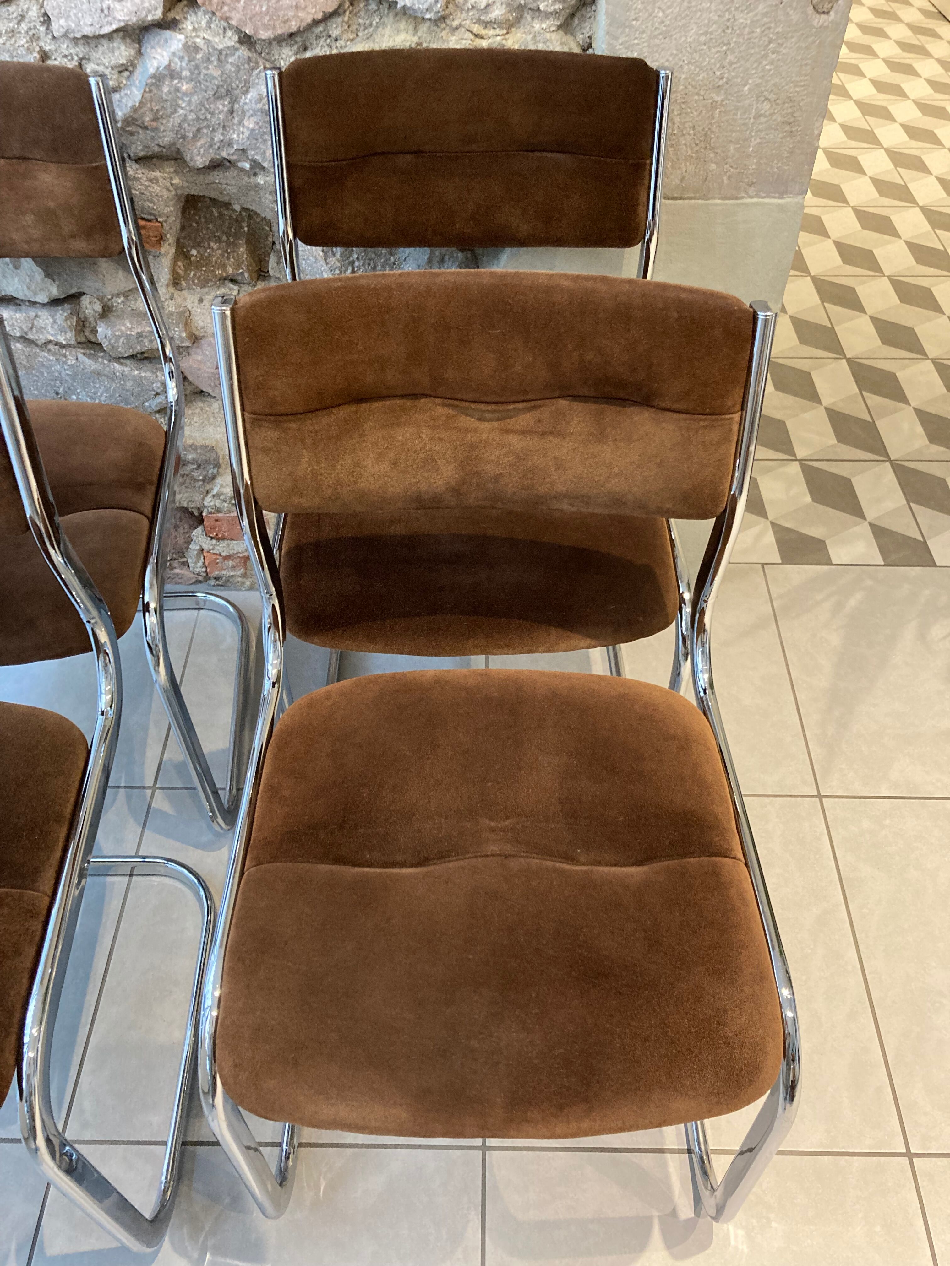 Set of 4 chairs chrome and suede 70s