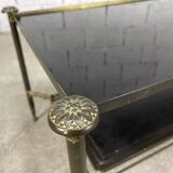Table basse en laiton, verre et cuir des années 50