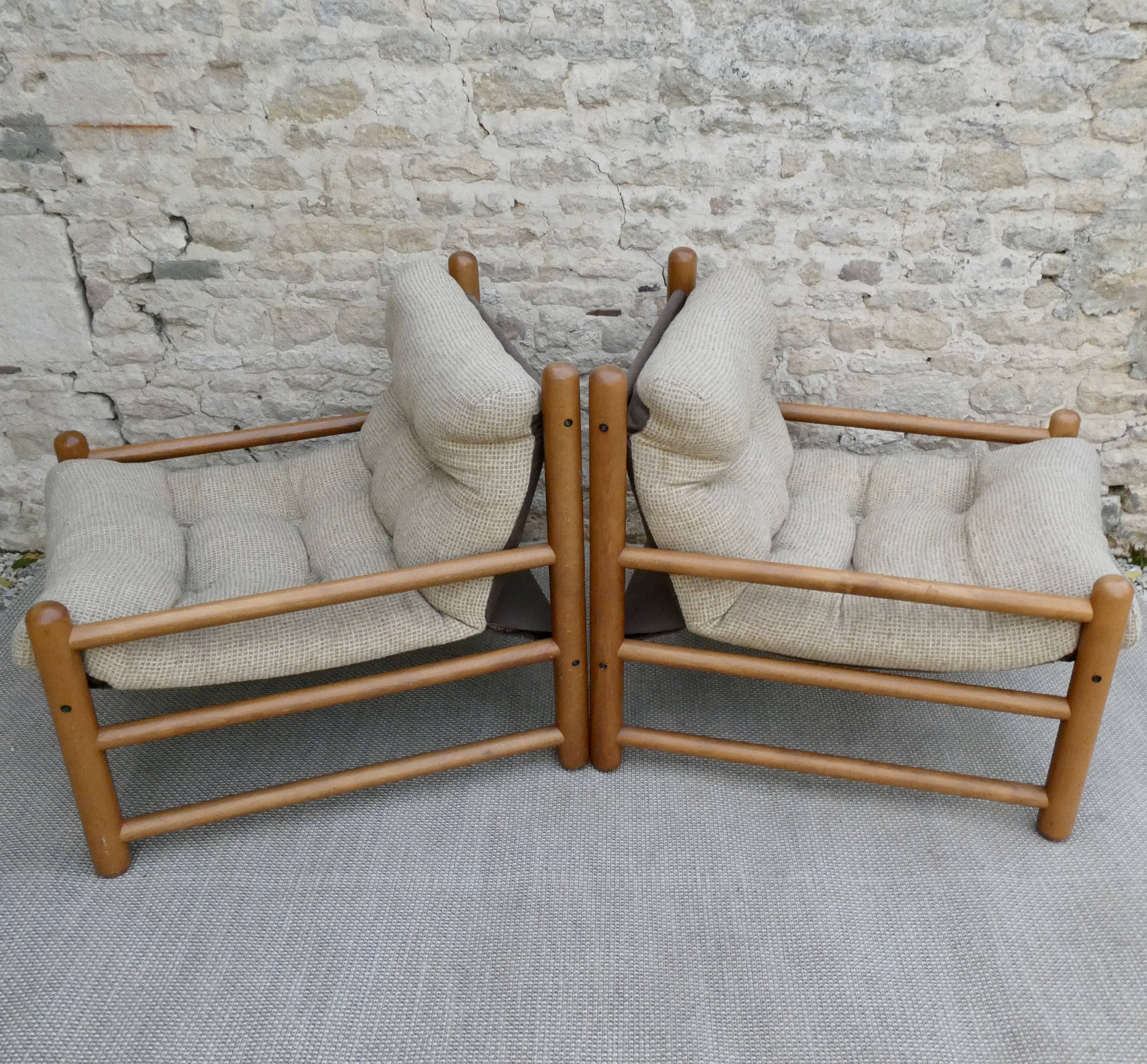 Pair of pine and woolly armchairs, 80s