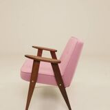 Mid-century modern armchair, oak wood, natural wool.