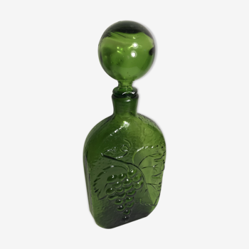 Bouteille carafe en verre moulé vert dessin vignes + bouchon vintage
