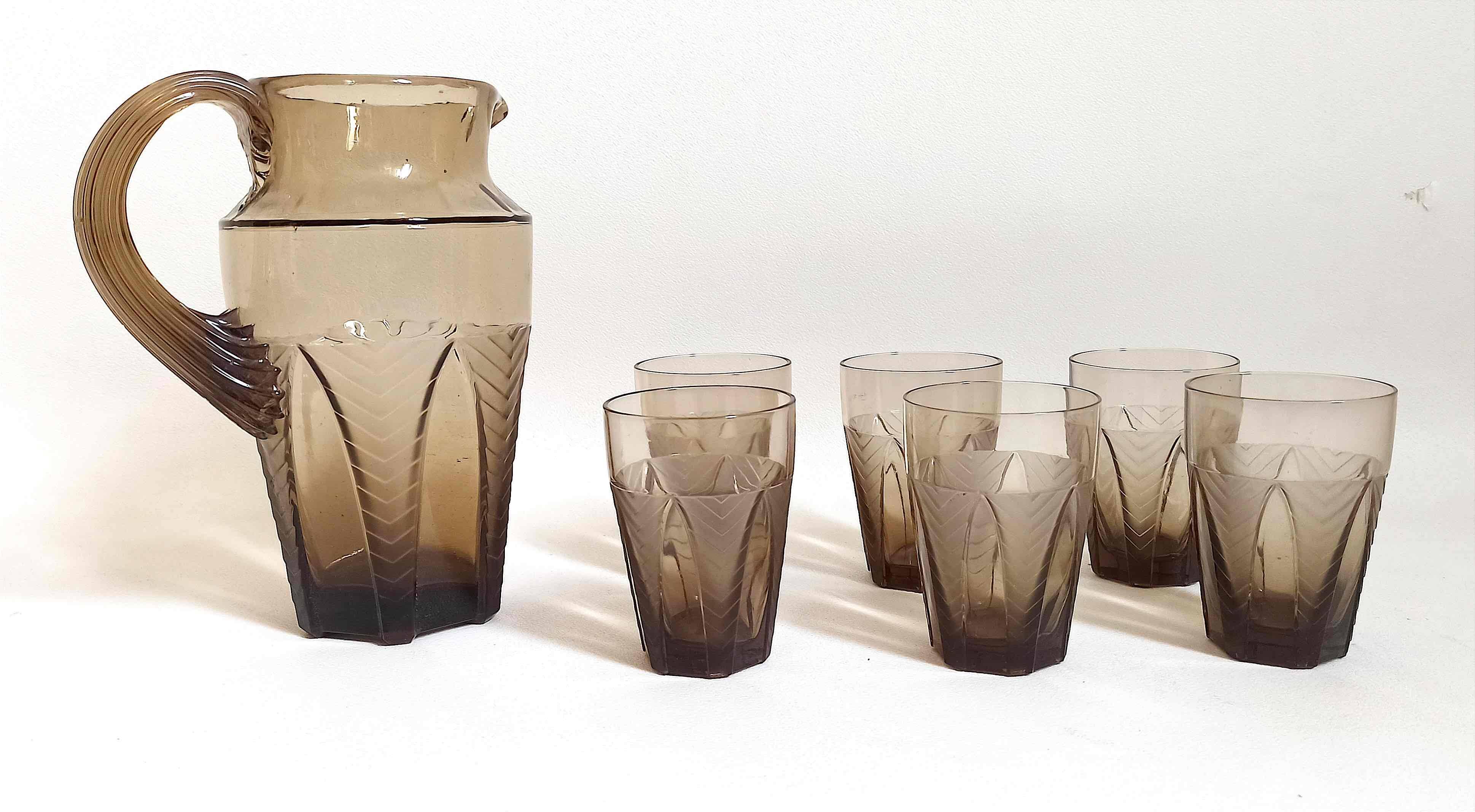 Orangeade or lemonade service Pitcher + 6 Art Deco glasses