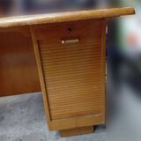 Old vintage wooden desk 1950 with curtain file cabinet and storage shelf