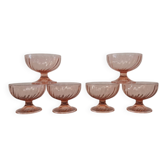 6 pink twisted glass ice cream dessert cups Arcoroc France, vintage 80's