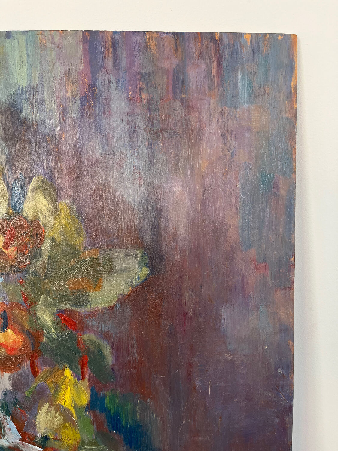 Still life and flowers, oil on panel signed Marina Farolet.