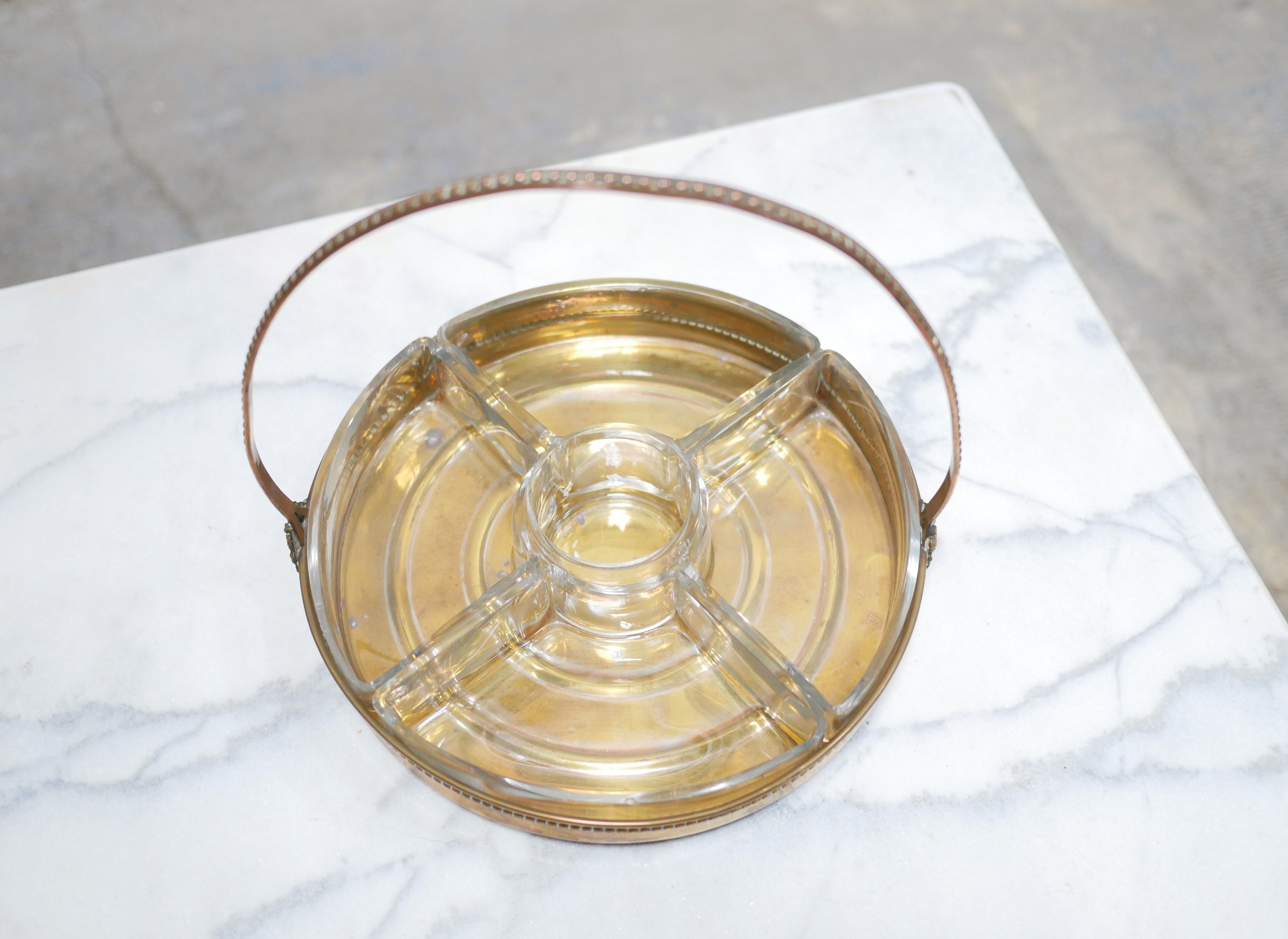 Vintage aperitif serving tray in brass and glass