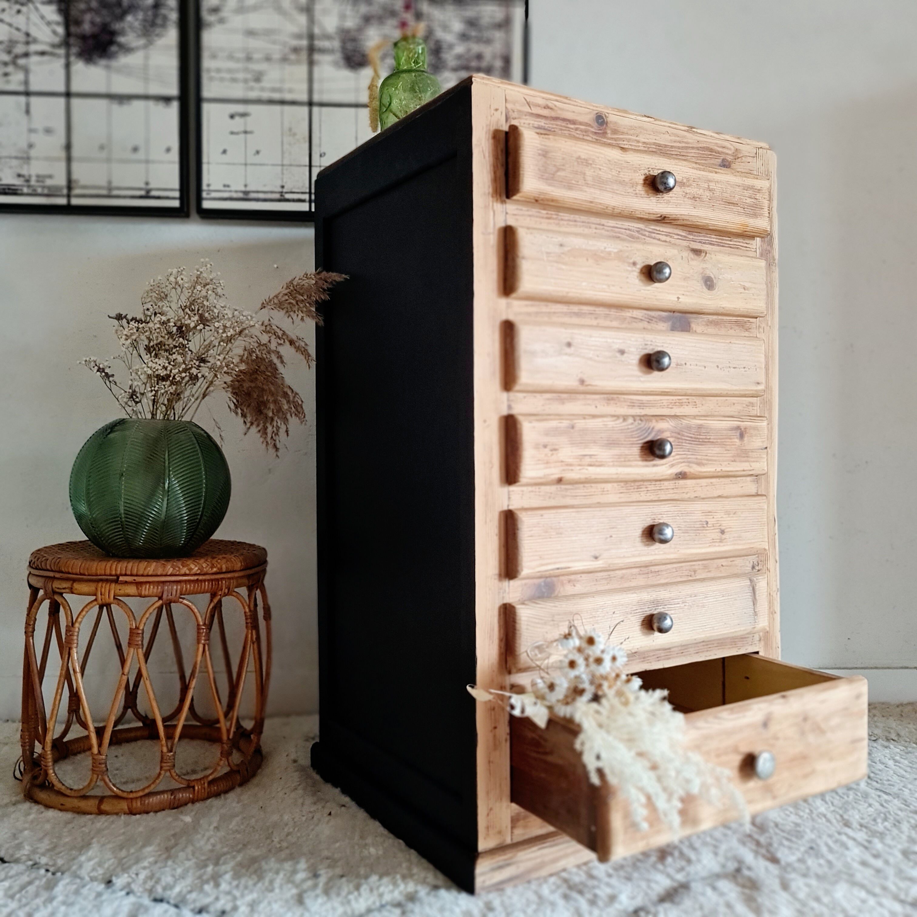 Old wooden chest of drawers raw and black wood