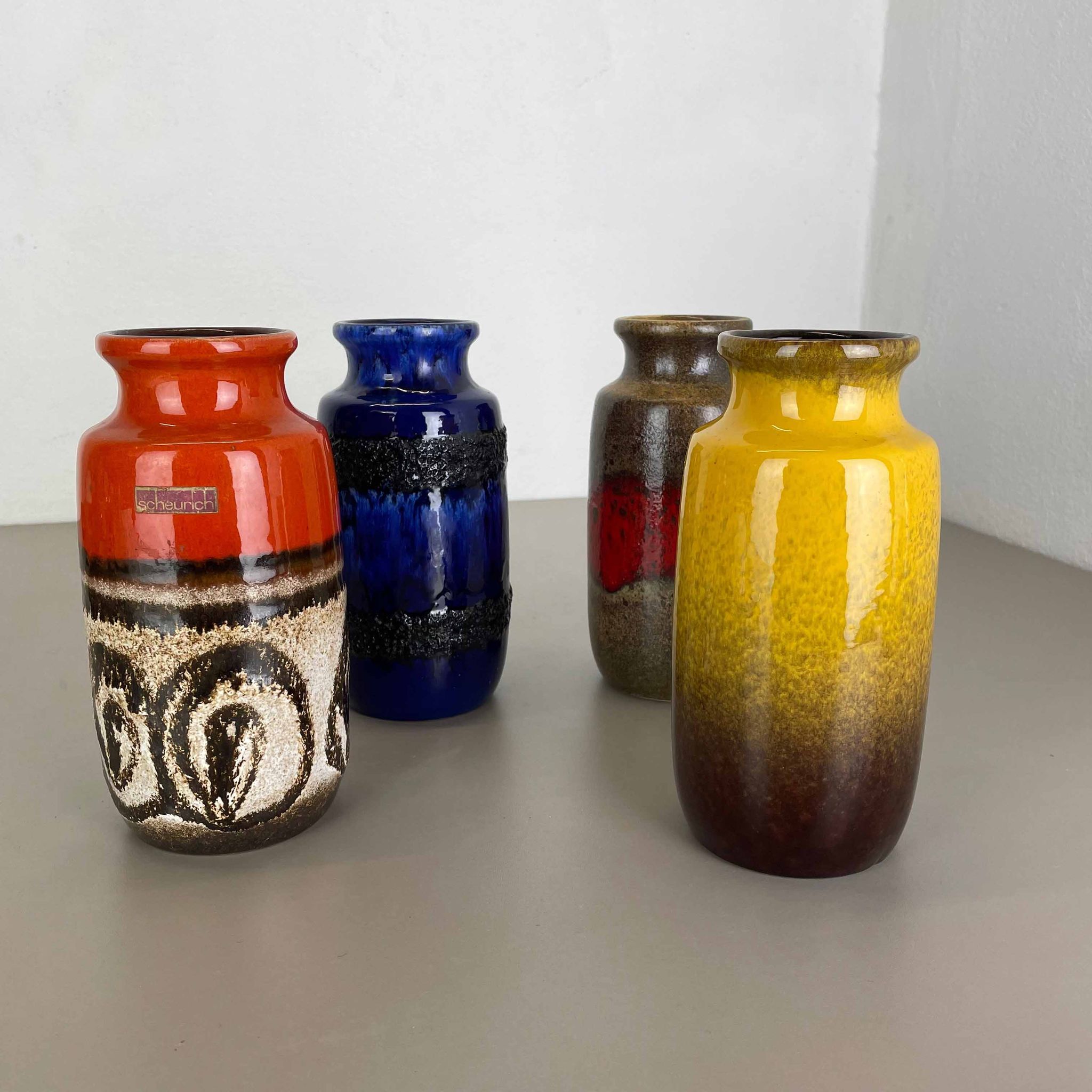 Set of Four Vintage Pottery Fat Lava Vases Made by Scheurich, Germany, 1970s