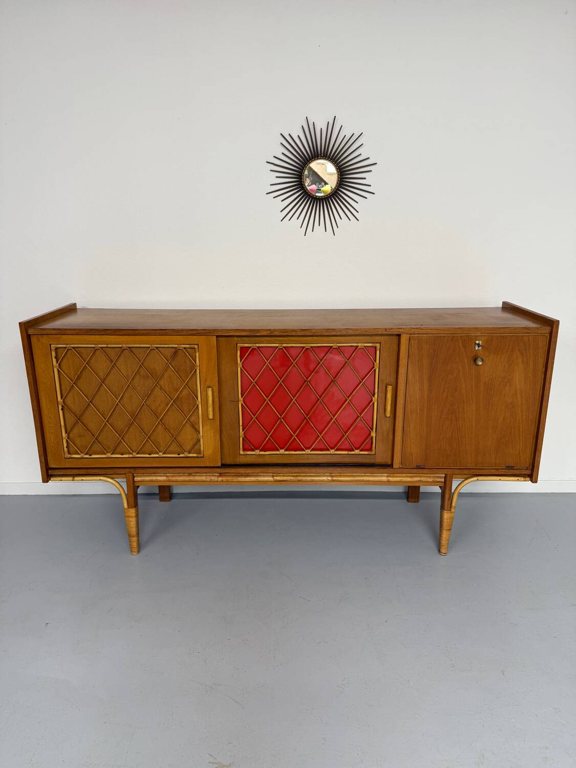 Antique French vintage 50s design wooden and rattan sideboard