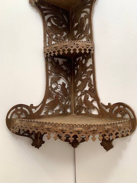 Hand-cut wooden corner shelf with bird decoration from the 1900s