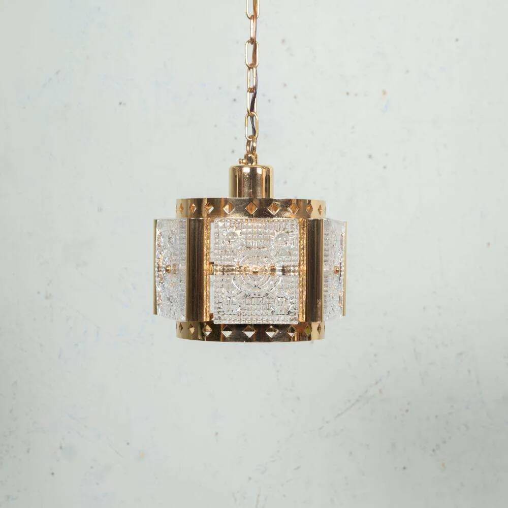 Vintage brass and frosted glass pendant, Vitrika glass pendant.