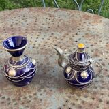 Vase and small teapot in cobalt blue enameled ceramic with artisanal and oriental pewter inserts