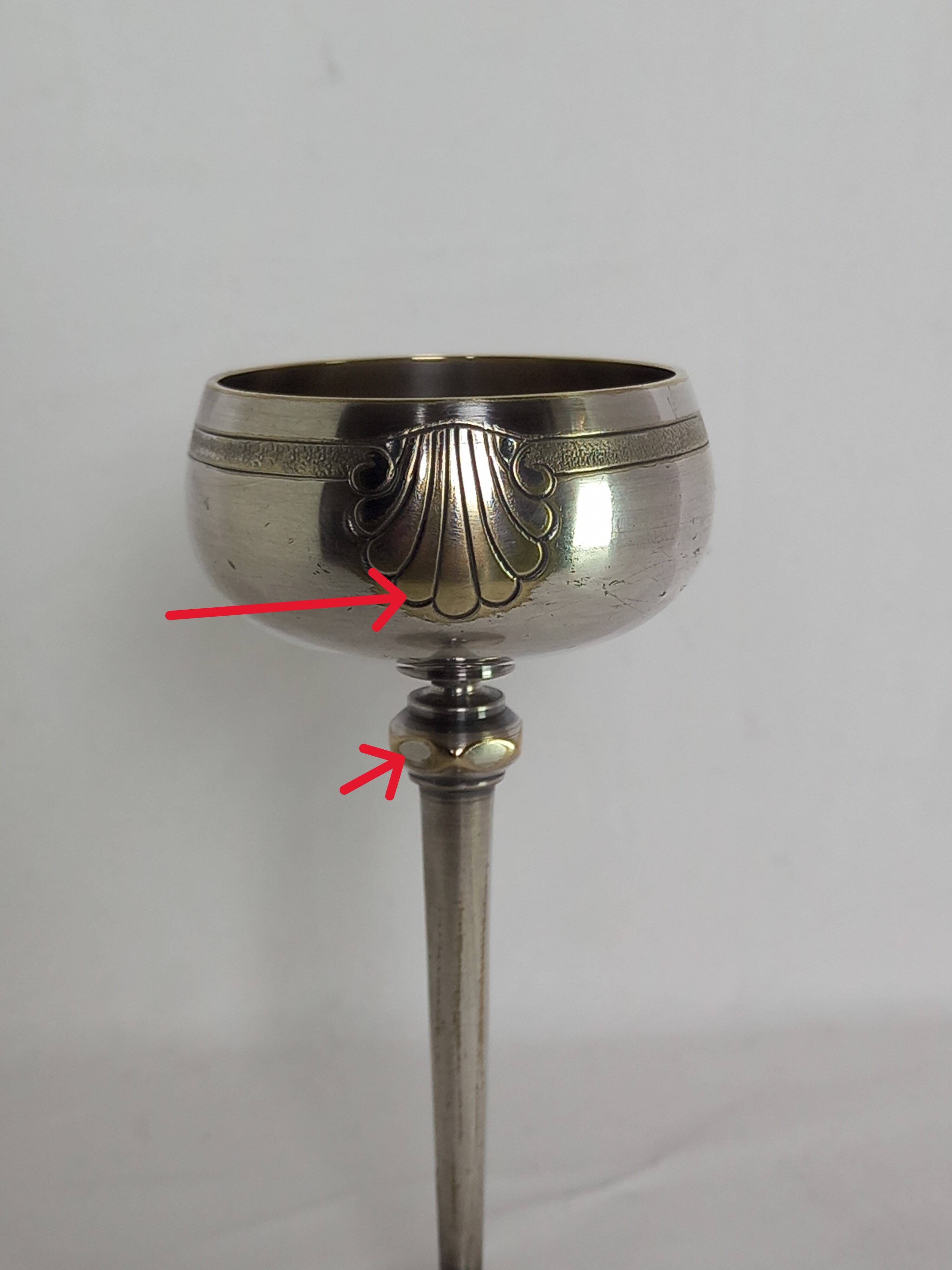 Silver Metal Liquor Set Consisting Of Six Stemmed Glasses On Their Tray