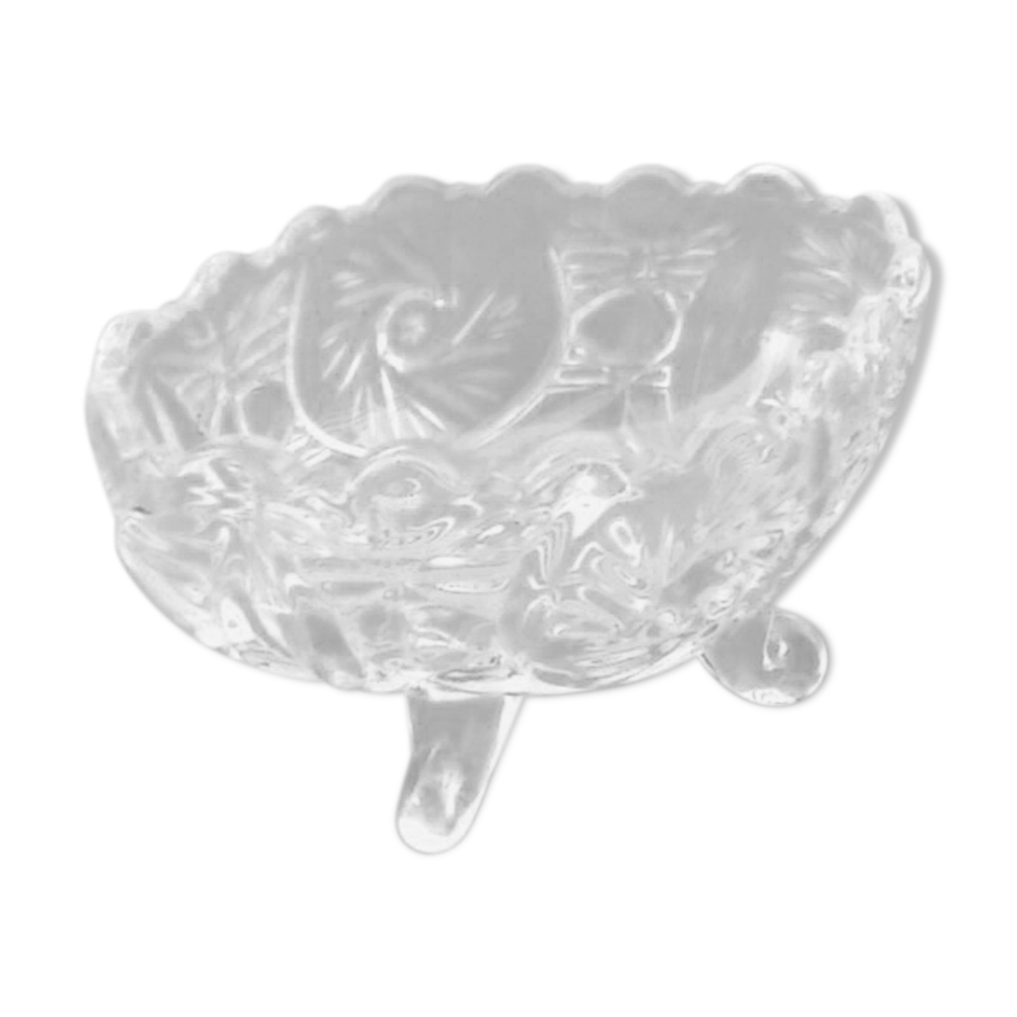 1970s oblong cup, empty pocket on 4 small feet glass decoration in relief