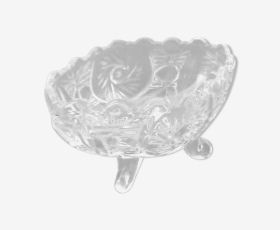 1970s oblong cup, empty pocket on 4 small feet glass decoration in relief