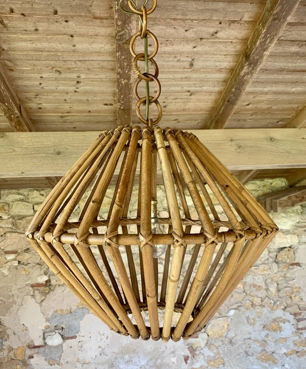 Large vintage pendant light in bamboo and rattan, circa 1960's