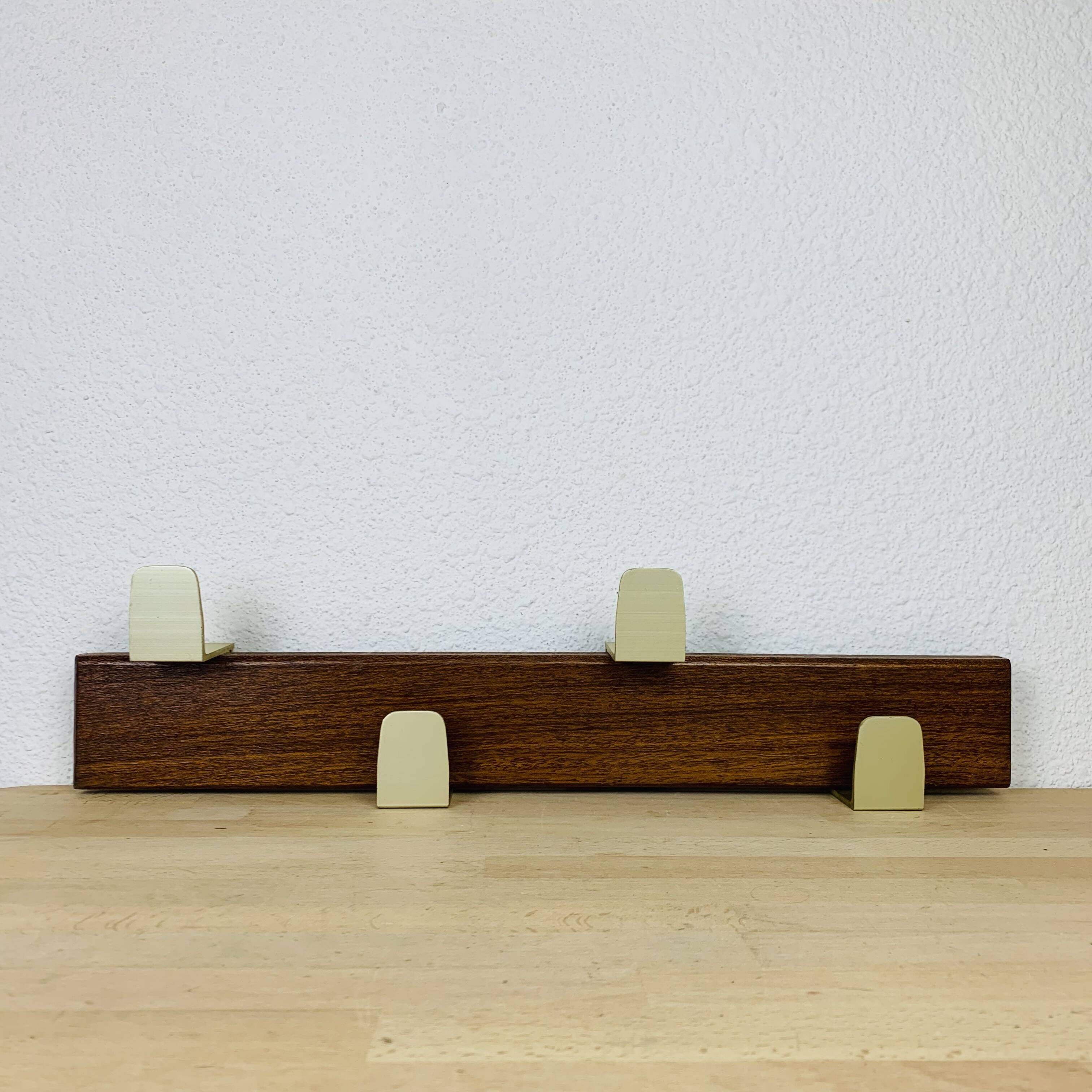 Scandinavian teak wall coat rack with 4 gold hooks, 1960s