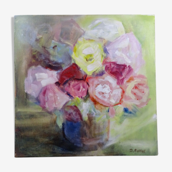 Contemporary painting: The bouquet of flowers - Very soothing colors - 40x40 cm- signed Rollet