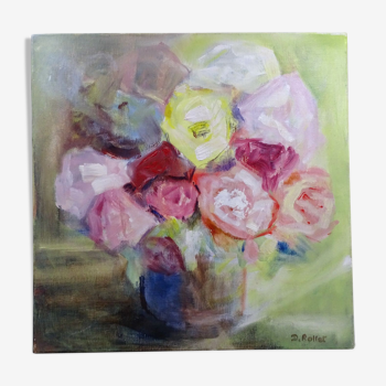 Peinture Le bouquet de fleurs couleurs très apaisantes - 40x40 cm- signée Rollet