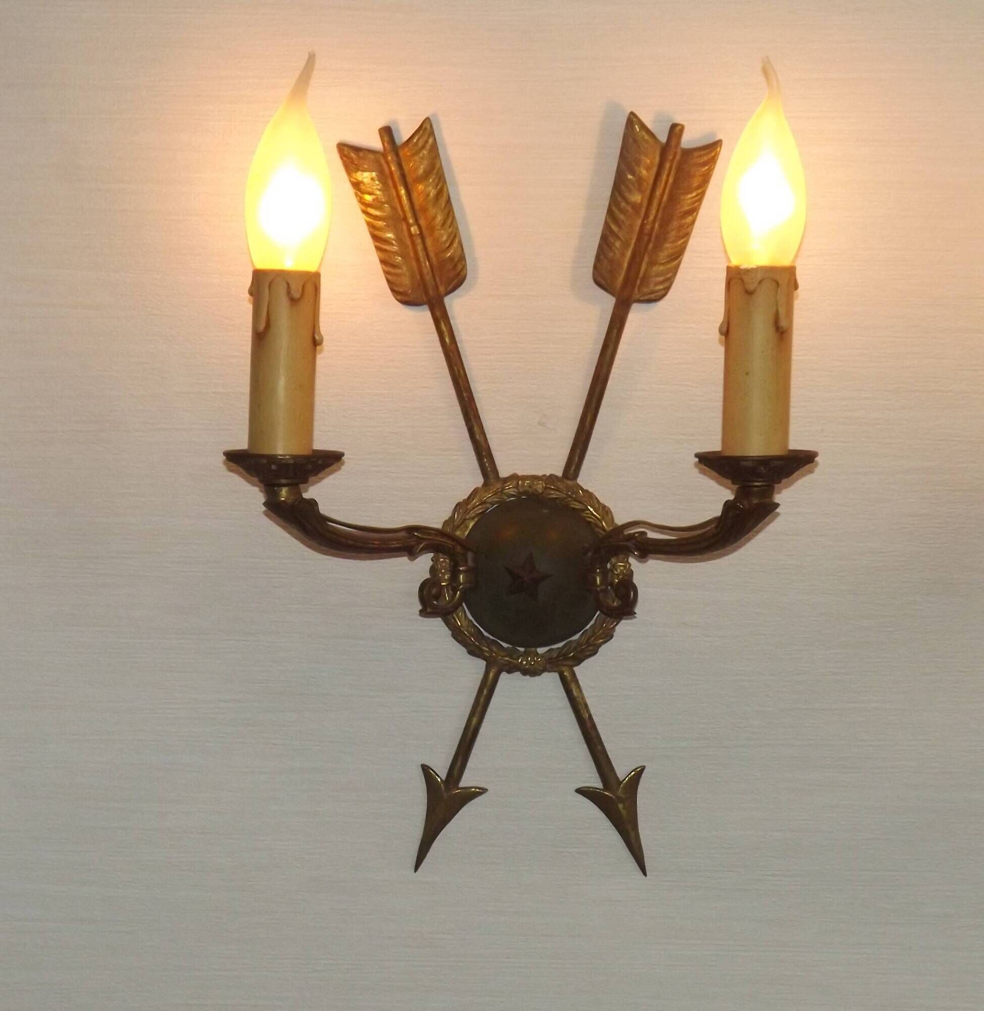 French Vintage Bronze Empire Arrow & Quiver Criss Cross Double Wall Sconces