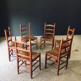 Low rustic ladder back dining chairs in oak and rush, Belgium, 1950s, set of 6.