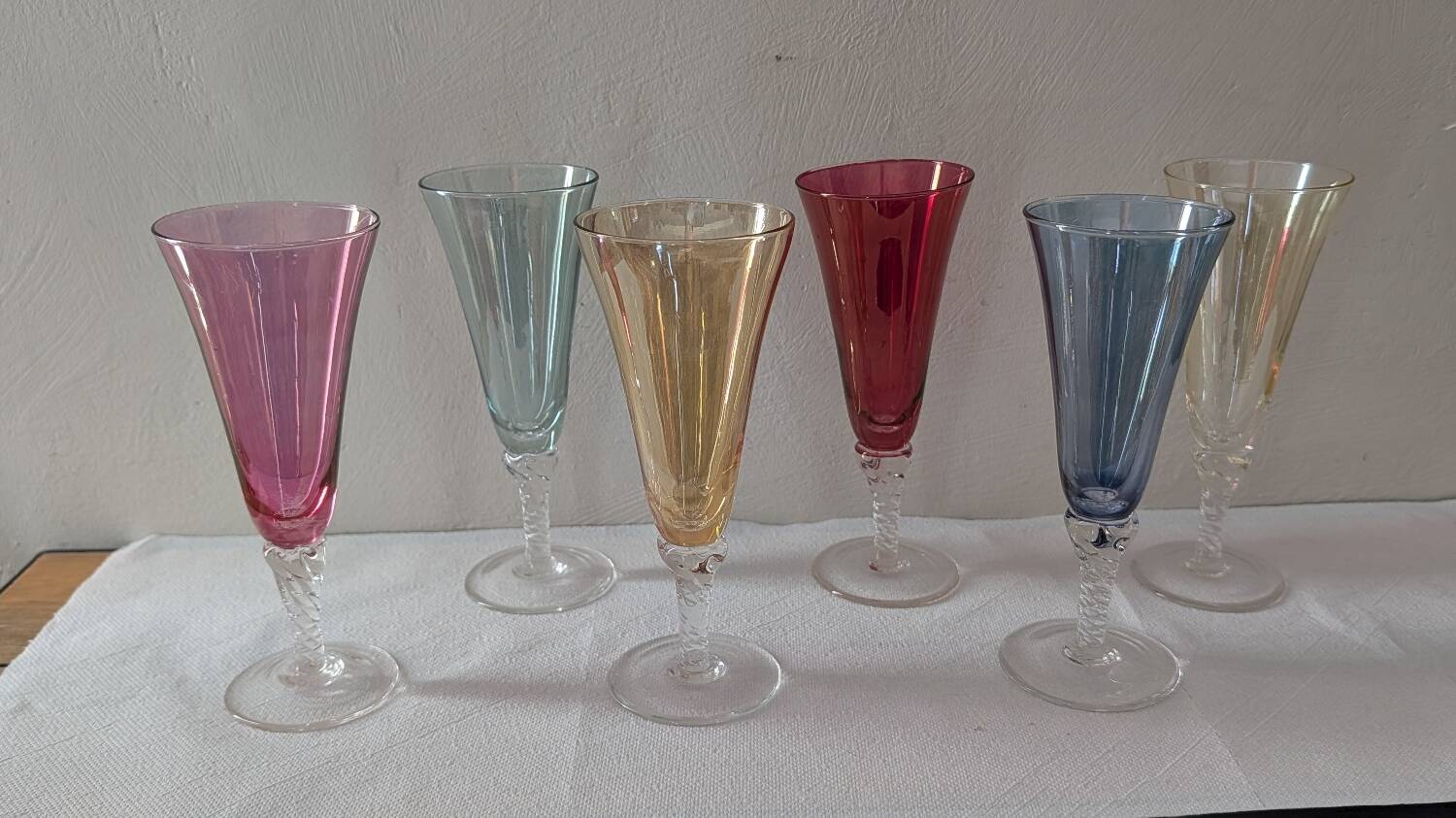 6 coloured glass champagne flutes from the 1950s
