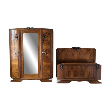 Ensemble chambre noyer : armoire et lit en bois massif