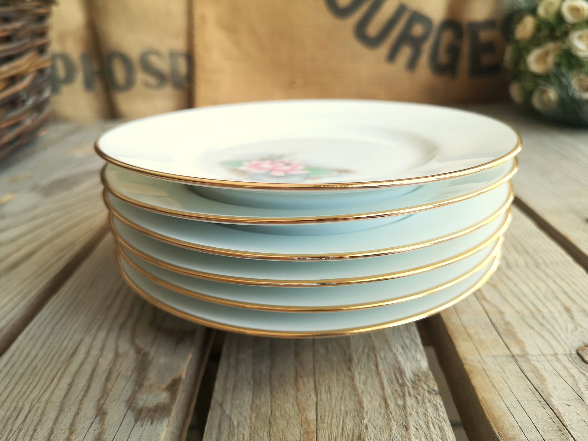 6 small plates signed Limoges France with nenuphar decor and golden border