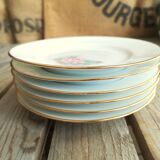 6 small plates signed Limoges France with nenuphar decor and golden border