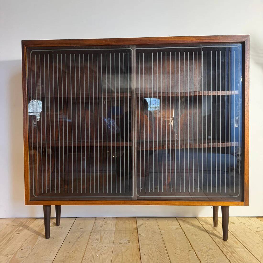 Vintage rosewood library with sliding glass doors – mid-century Scandinavian design