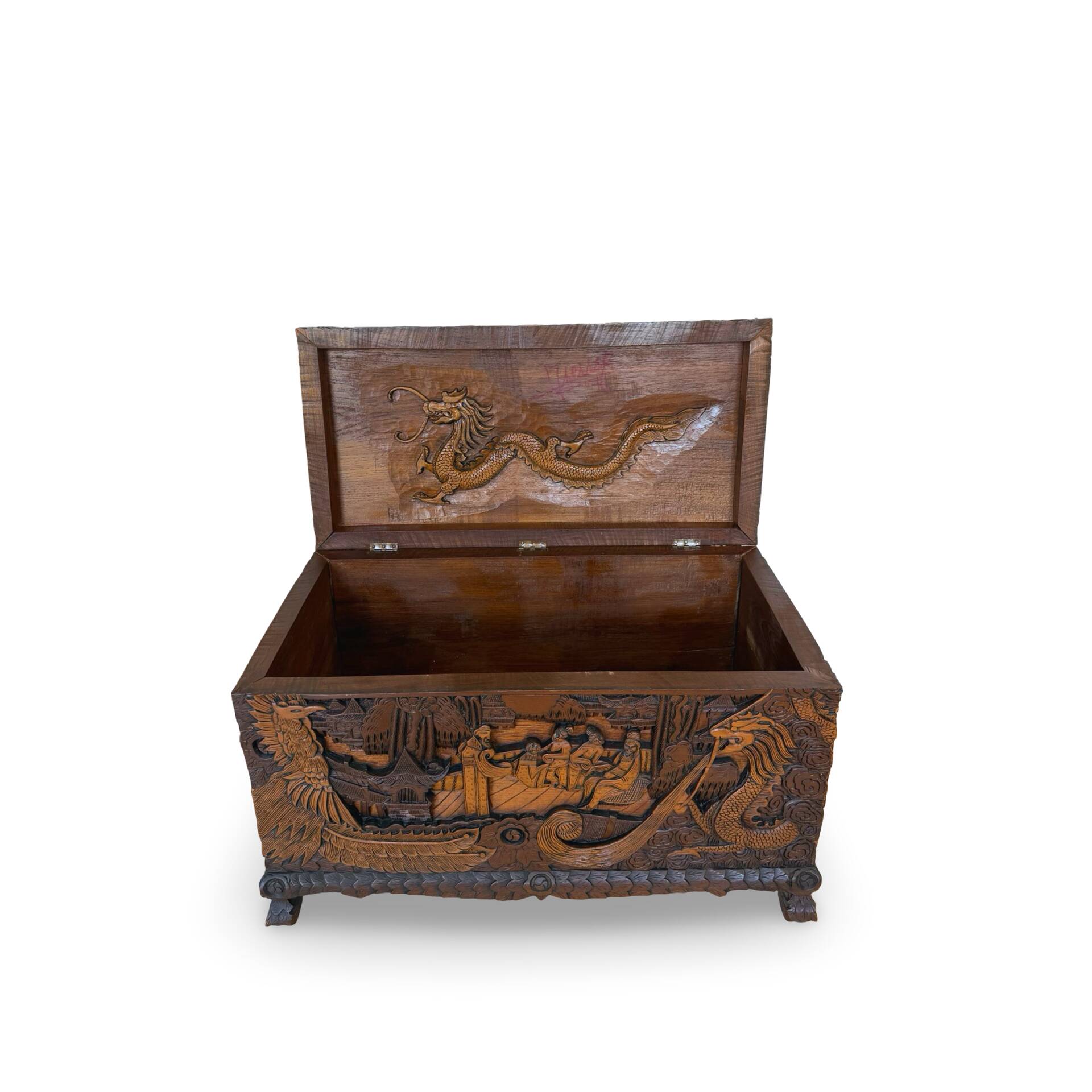 Antique Chinese Carved Export Chest – Dragon, Phoenix & Landscape Deco