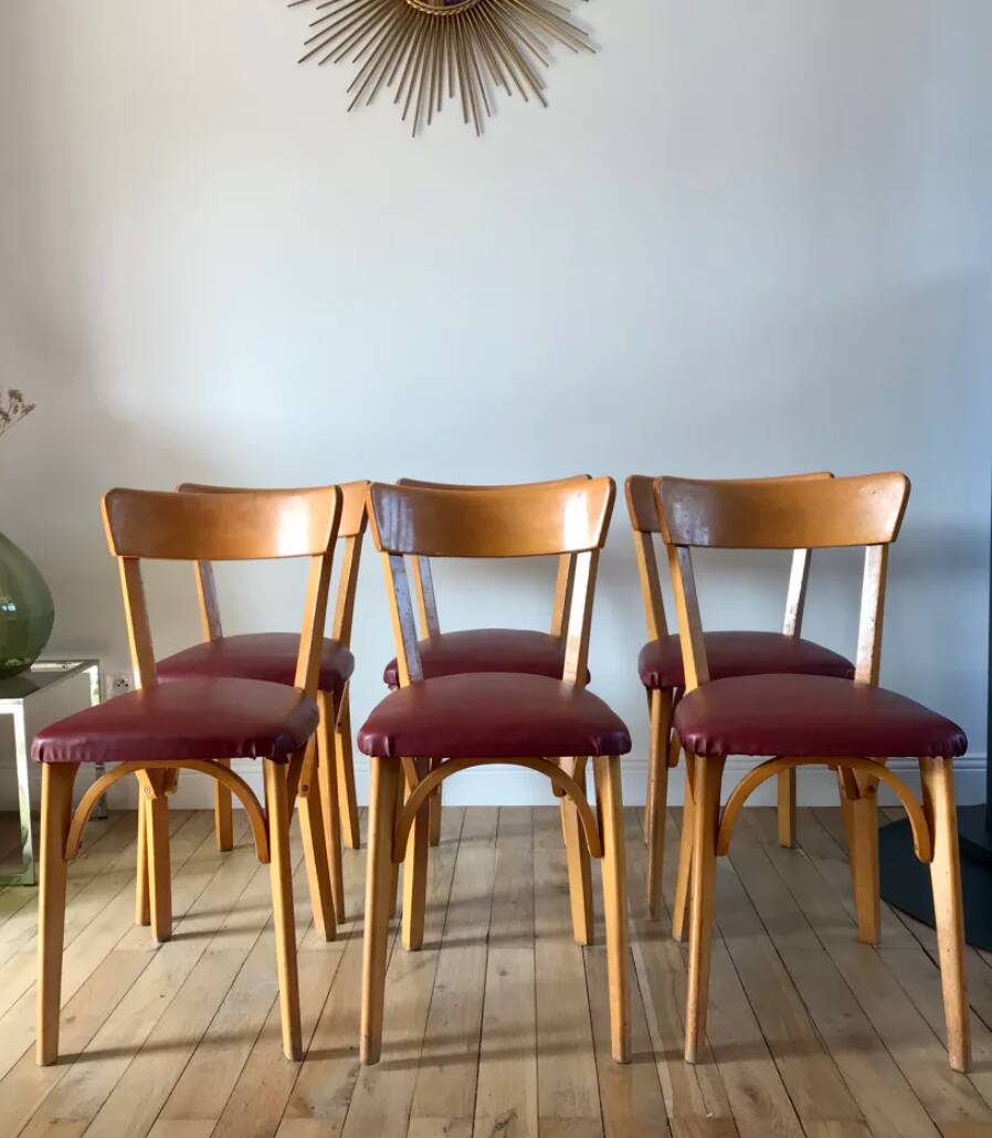 Set of 6 Luterma bistro chairs in blond wood and skaï 50s